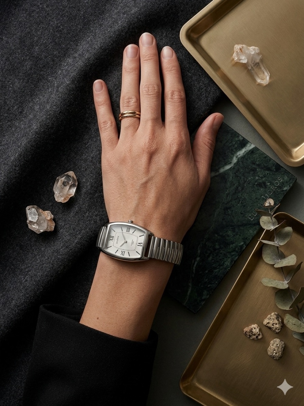 Silver Tonneau Face Watch with Stainless Steel Expansion Band